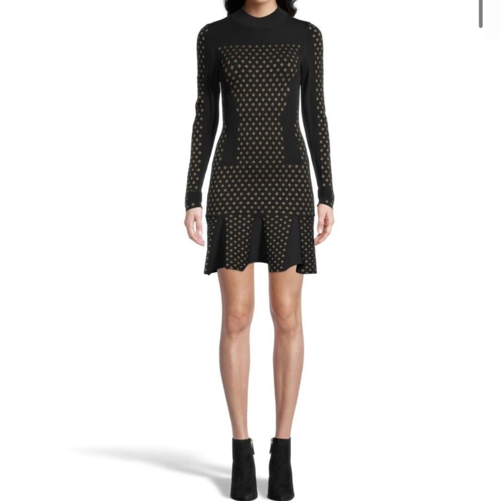 Nicole Miller Black Long Sleeve Fit-and-Flare Dress with Gold accents. NWT